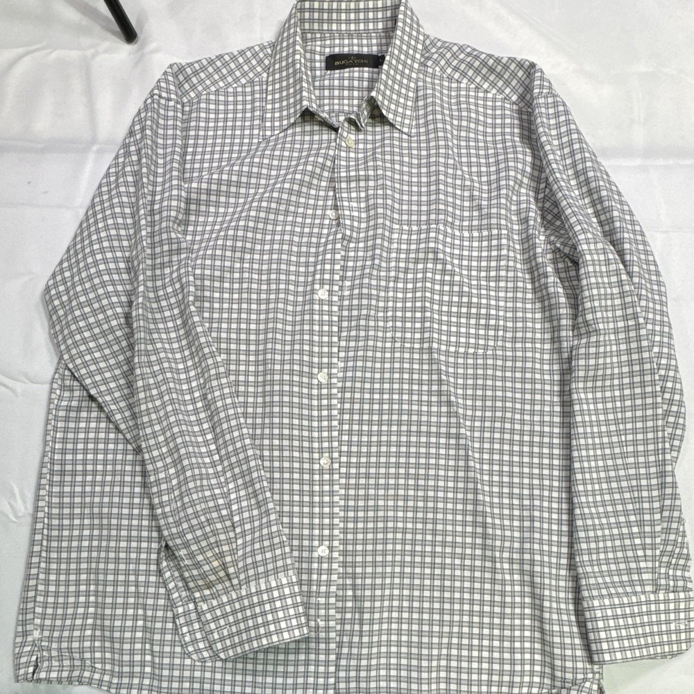Bugatchi Uomo Men's Large Gray White Plaid Button Front Long Sleeve Dress Shirt